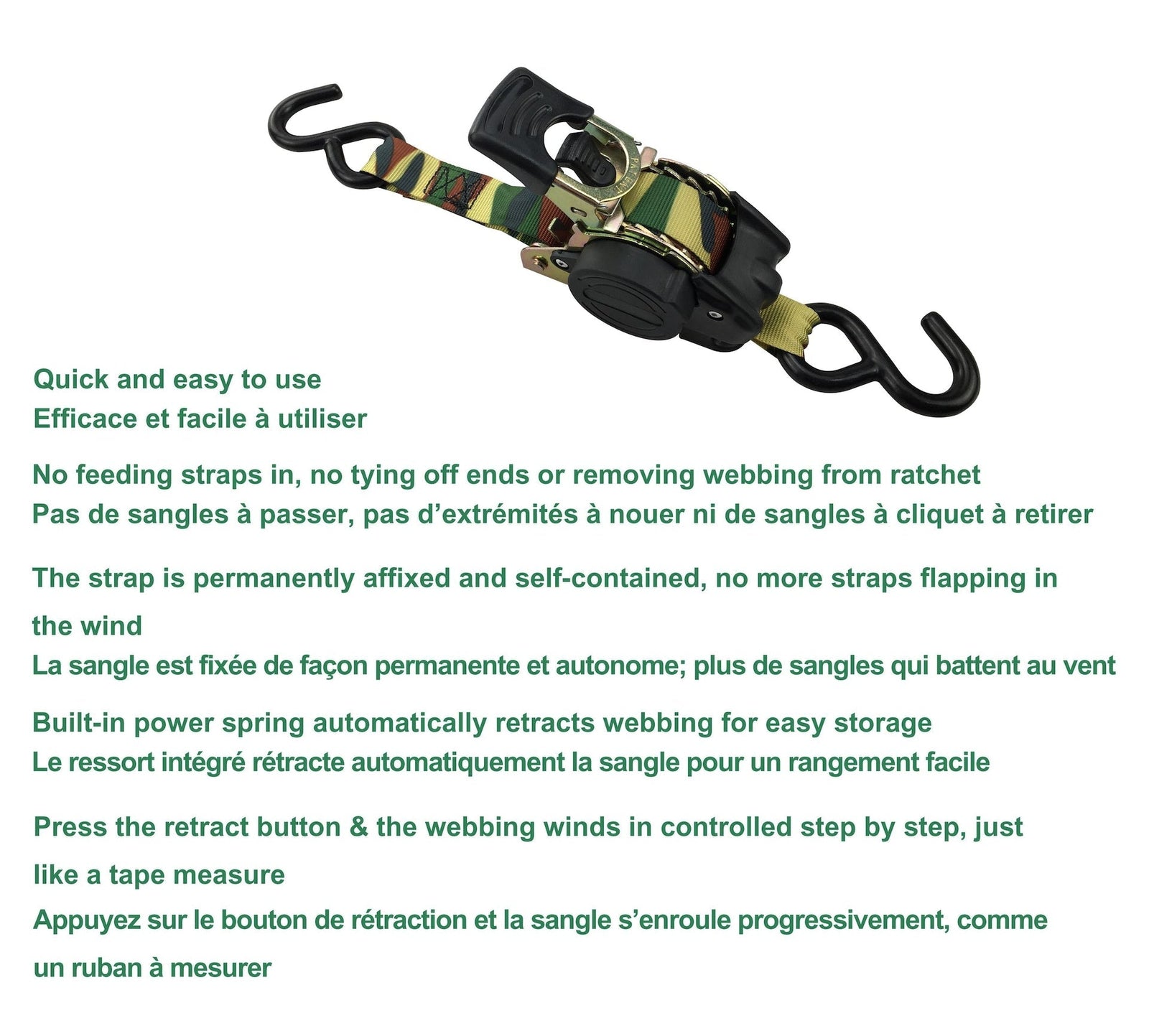 1,200-lb Retractable Camo Ratchet Tie Down Straps, 1-in x 10-ft, 2-pk F5S3 - product image 4