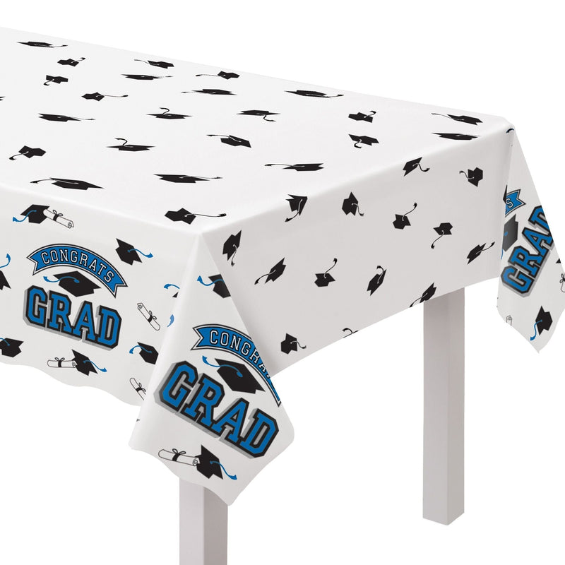 "Congrats Grad" Rectangle Plastic Reusable Table Cover, Navy, 54x84-in, for Graduation W9D1