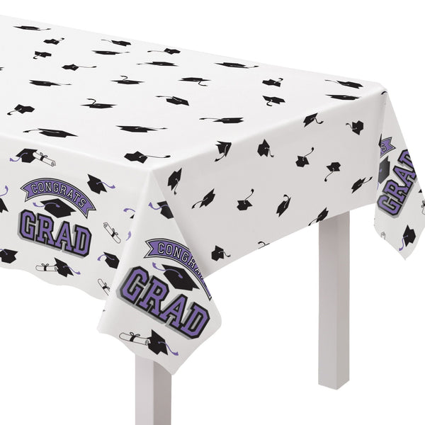 "Congrats Grad" Rectangle Plastic Reusable Table Cover, Purple, 54x84-in, for Graduation X6Y2