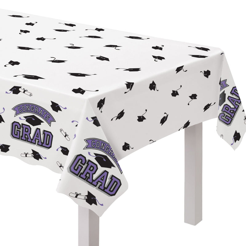 "Congrats Grad" Rectangle Plastic Reusable Table Cover, Purple, 54x84-in, for Graduation X6Y2